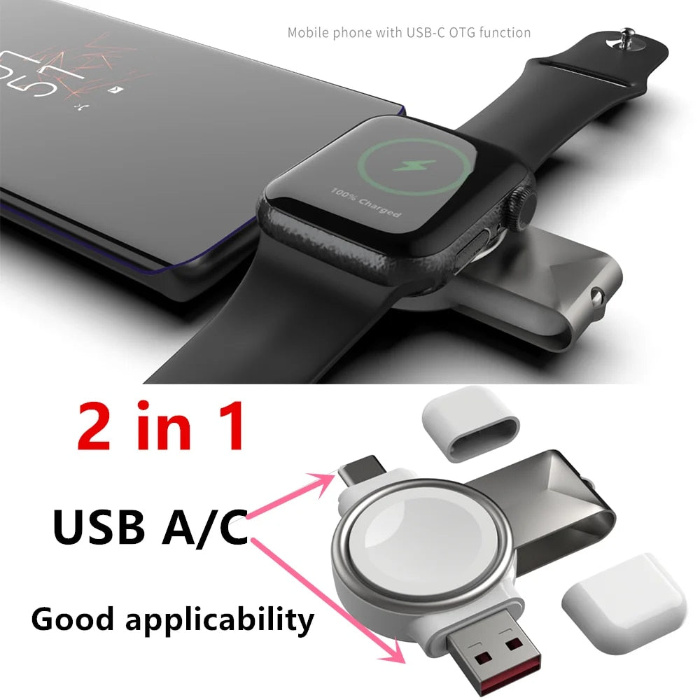 Portable 2-in-1 USB-A & USB-C Charging Magnetic Cordless Travel Charger for Apple Watch Series Ultra 8 7 SE 6 5 4 3 2